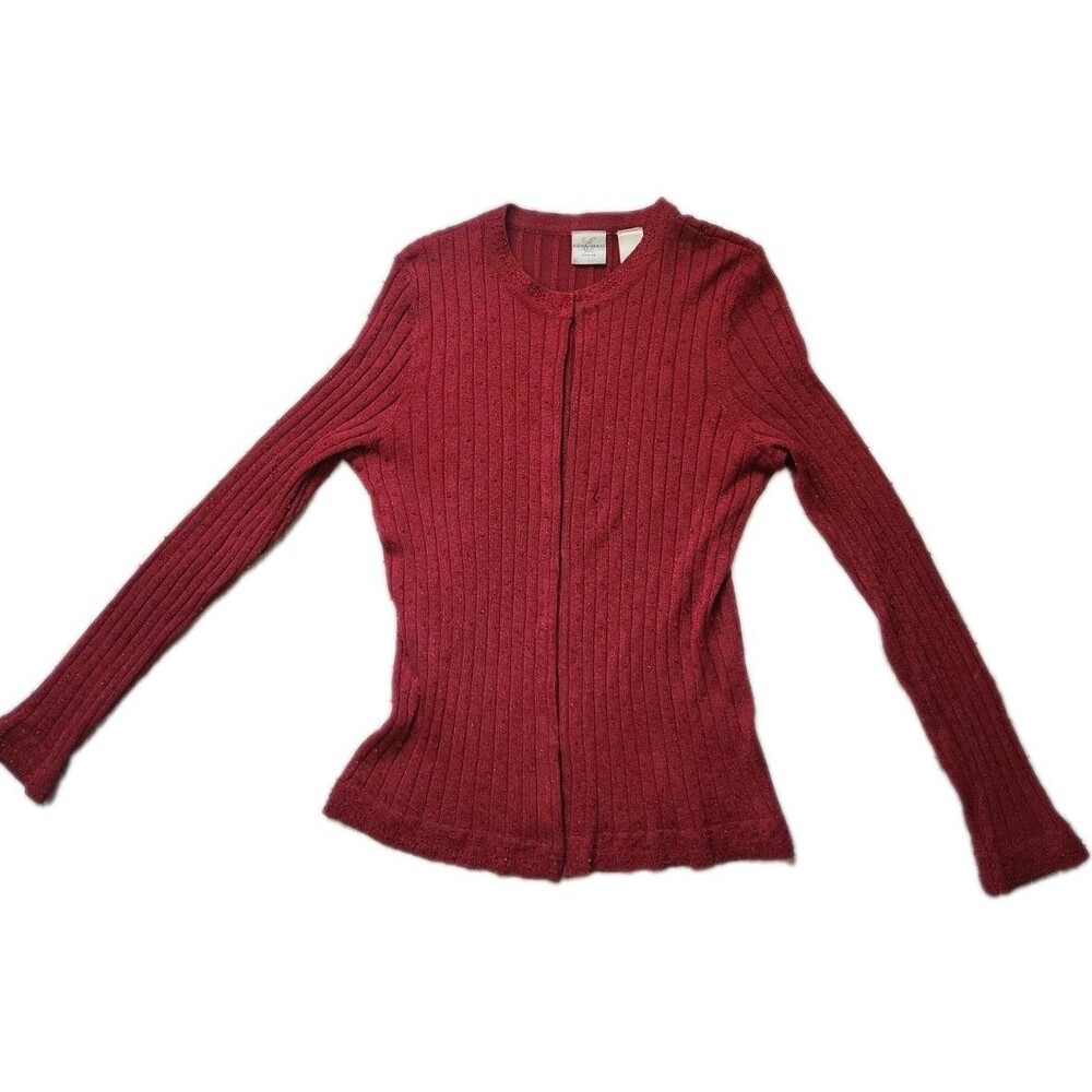 Emma James Petite M Red Silk Blend Beaded Rib Knit Cardigan Sweater Stretch GUC